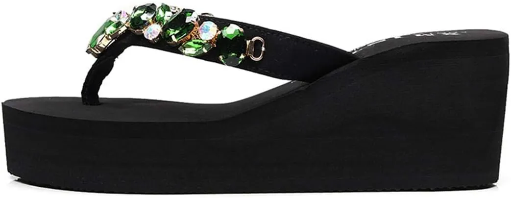 VOKLIN Women's Sparkly Rhinestone Wedge High Heel Flipflops Summer Platform Anti-Slip Beach Thong Sandals