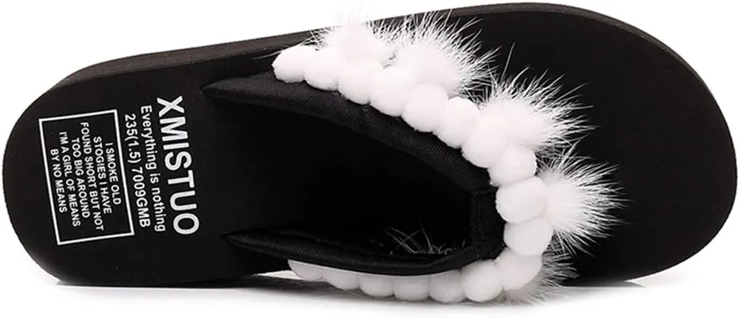 VOKLIN Women's Summer Wedge High Heel Flipflops with Pom-poms Furry Platform Anti-Slip Beach Thong Sandals