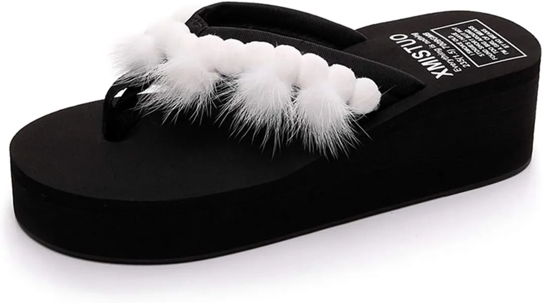 VOKLIN Women's Summer Wedge High Heel Flipflops with Pom-poms Furry Platform Anti-Slip Beach Thong Sandals