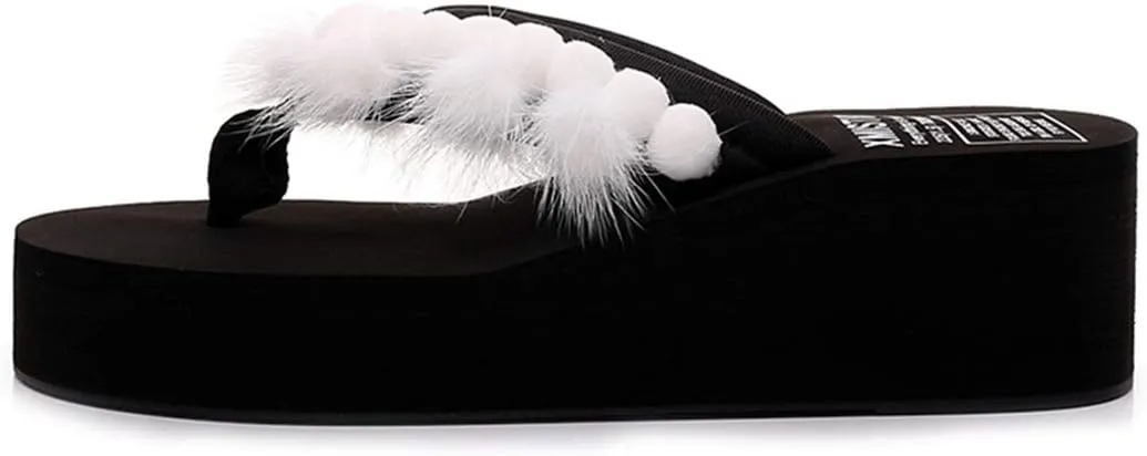 VOKLIN Women's Summer Wedge High Heel Flipflops with Pom-poms Furry Platform Anti-Slip Beach Thong Sandals