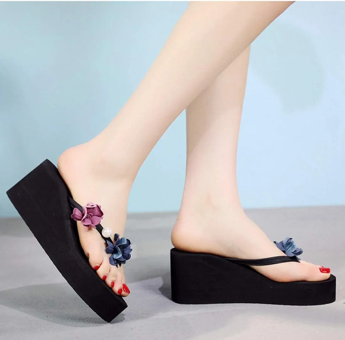 VOKLIN Women's Wedge High Heel Bohemian Flower Flipflops Fashion Summer Platform Nonslip Beach Thong Sandals
