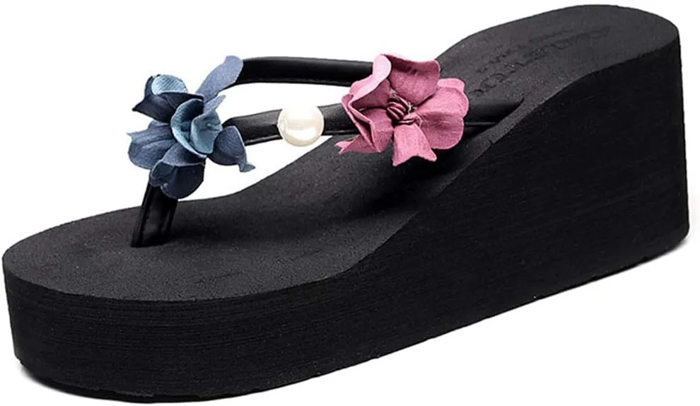 VOKLIN Women's Wedge High Heel Bohemian Flower Flipflops Fashion Summer Platform Nonslip Beach Thong Sandals