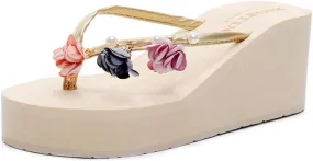VOKLIN Women's Wedge High Heel Bohemian Flower Flipflops Fashion Summer Platform Nonslip Beach Thong Sandals