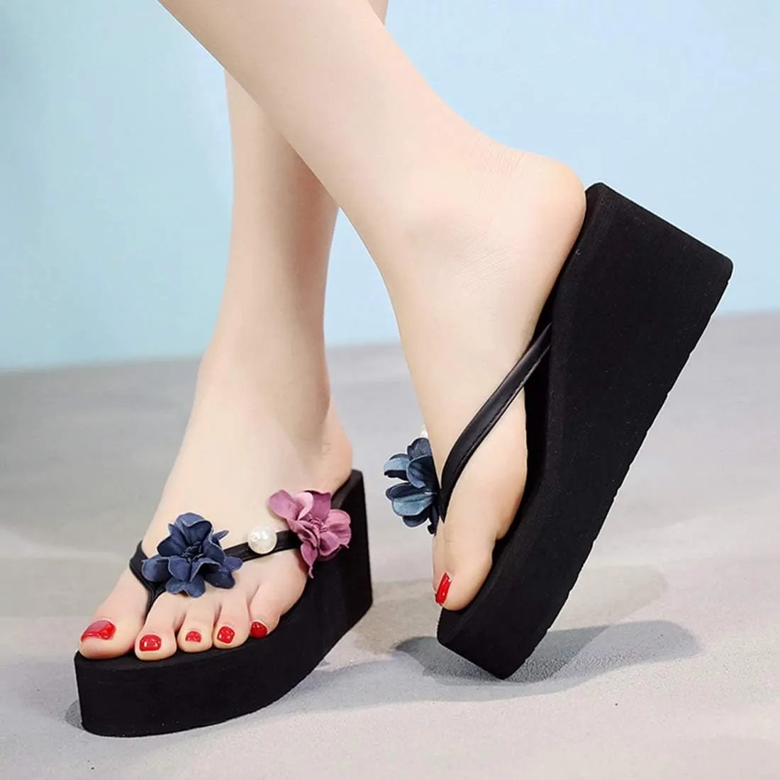 VOKLIN Women's Wedge High Heel Bohemian Flower Flipflops Fashion Summer Platform Nonslip Beach Thong Sandals