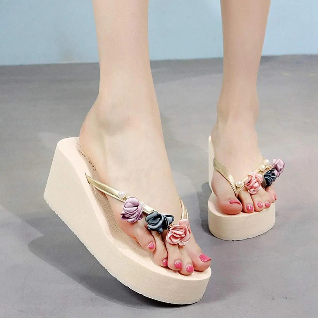 VOKLIN Women's Wedge High Heel Bohemian Flower Flipflops Fashion Summer Platform Nonslip Beach Thong Sandals
