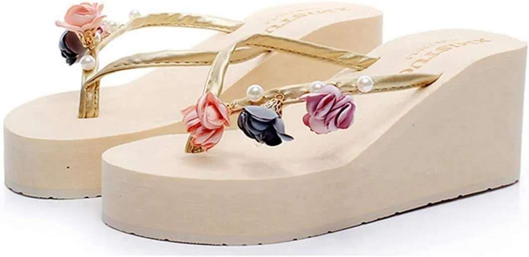 VOKLIN Women's Wedge High Heel Bohemian Flower Flipflops Fashion Summer Platform Nonslip Beach Thong Sandals