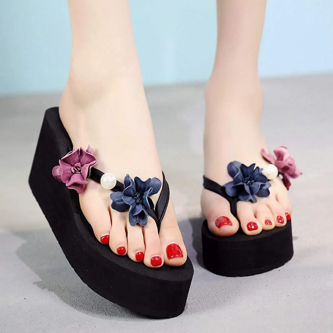 VOKLIN Women's Wedge High Heel Bohemian Flower Flipflops Fashion Summer Platform Nonslip Beach Thong Sandals