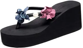 VOKLIN Women's Wedge High Heel Bohemian Flower Flipflops Fashion Summer Platform Nonslip Beach Thong Sandals
