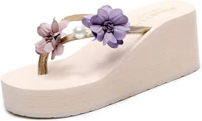 VOKLIN Women's Wedge High Heel Bohemian Flower Flipflops Fashion Summer Platform Nonslip Beach Thong Sandals