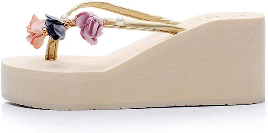VOKLIN Women's Wedge High Heel Bohemian Flower Flipflops Fashion Summer Platform Nonslip Beach Thong Sandals