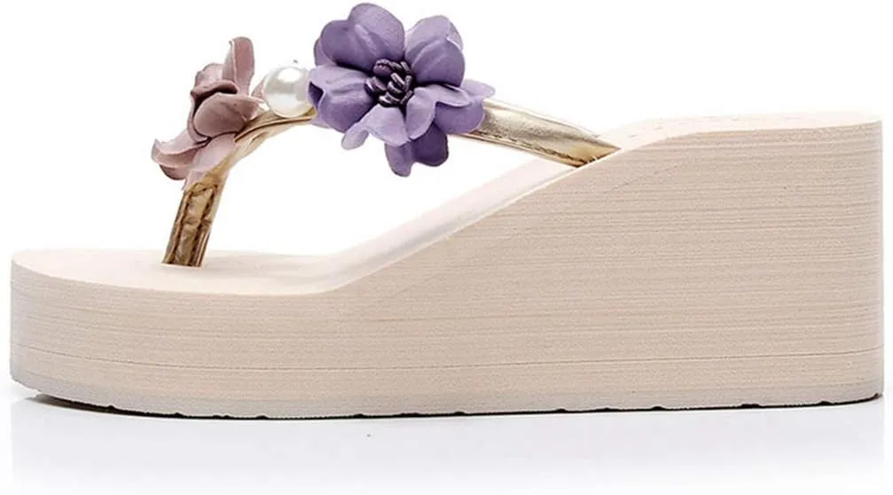 VOKLIN Women's Wedge High Heel Bohemian Flower Flipflops Fashion Summer Platform Nonslip Beach Thong Sandals