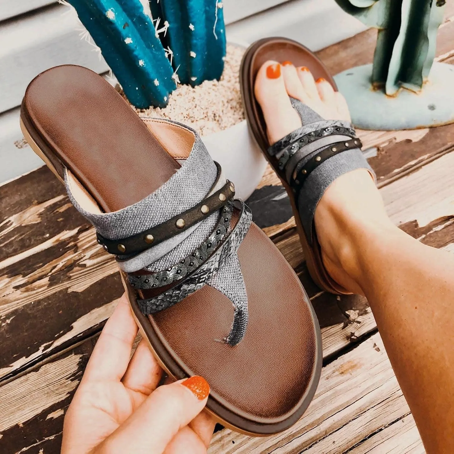 Women's Cloth Splicing Stylish Sandals Clip Toe Colorblock Bohemian Slipper Slip on Flip Flop Anti-Slip Thong Sandal