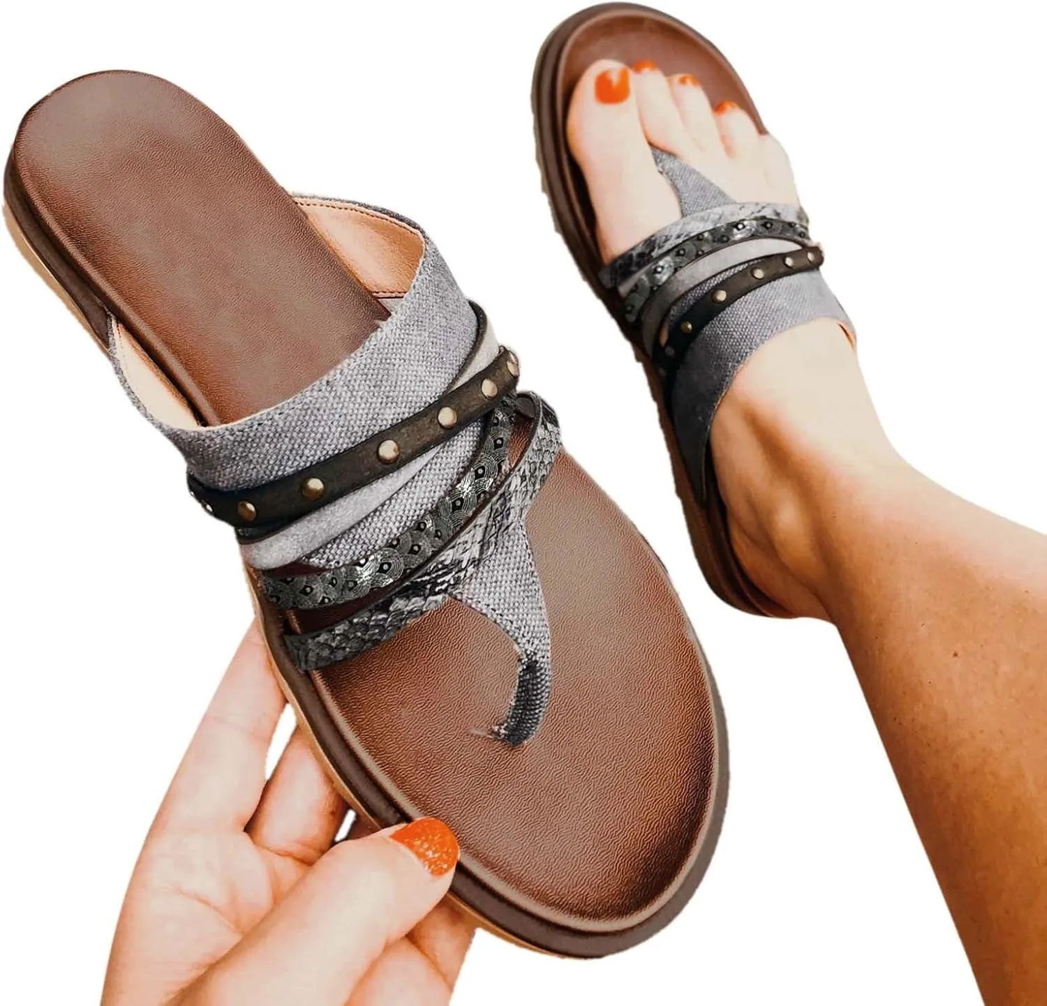 Women's Cloth Splicing Stylish Sandals Clip Toe Colorblock Bohemian Slipper Slip on Flip Flop Anti-Slip Thong Sandal