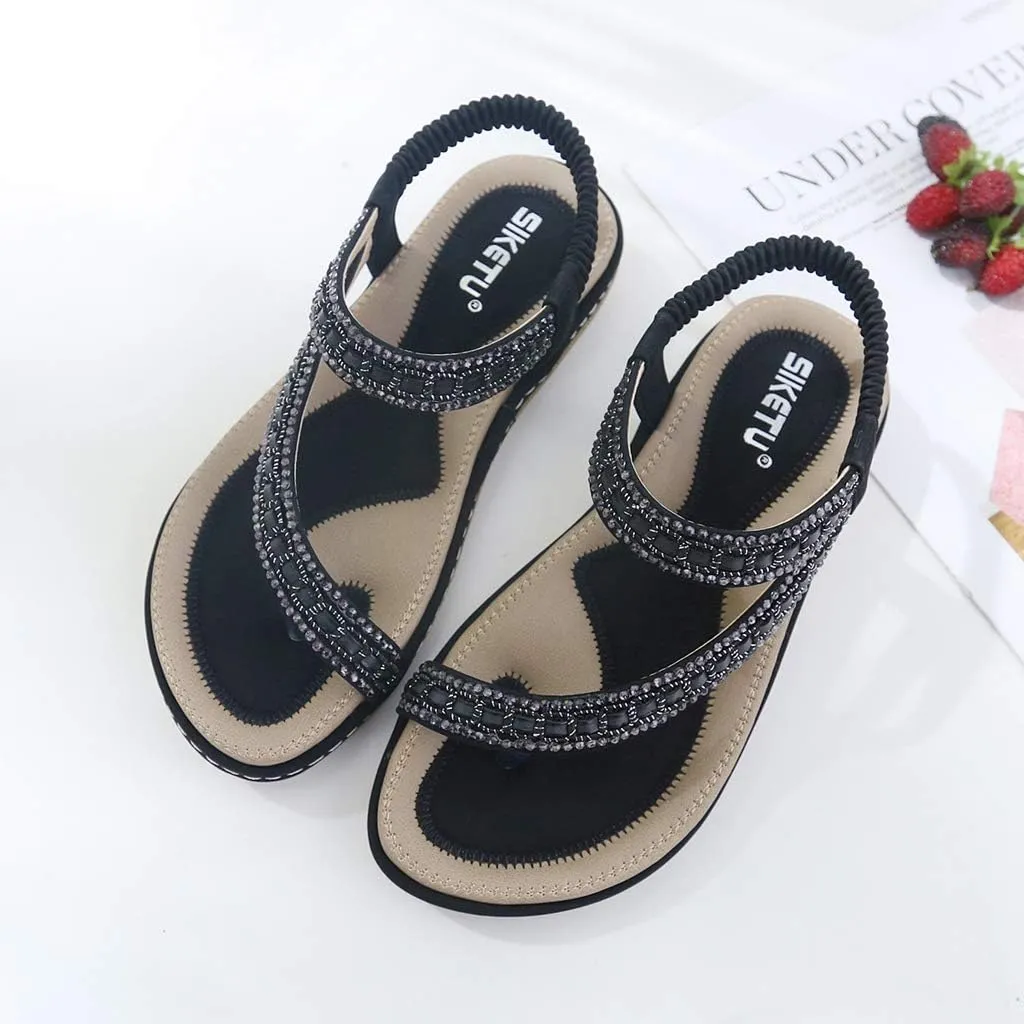 Women's Glitter Rhinestone Flat Sandals Bohemia Toering Summer Beach Elastic Flip Flops Thong Shoes