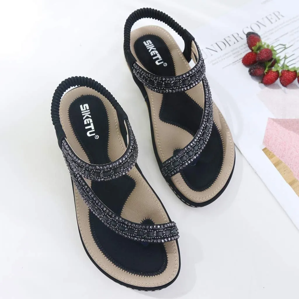 Women's Glitter Rhinestone Flat Sandals Bohemia Toering Summer Beach Elastic Flip Flops Thong Shoes