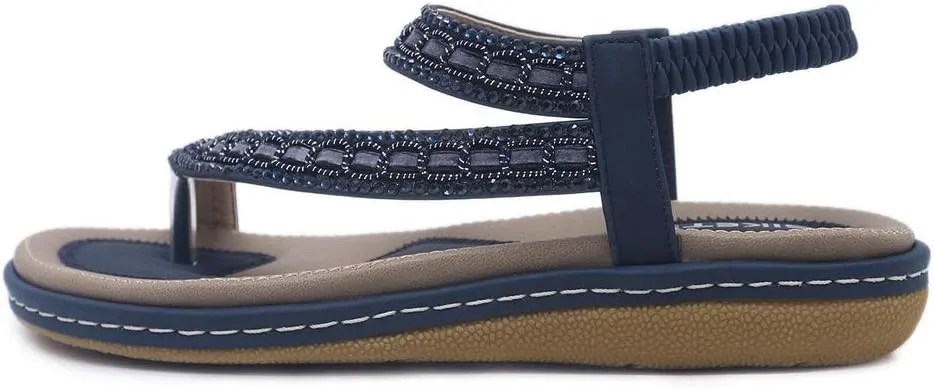 Women's Glitter Rhinestone Flat Sandals Bohemia Toering Summer Beach Elastic Flip Flops Thong Shoes