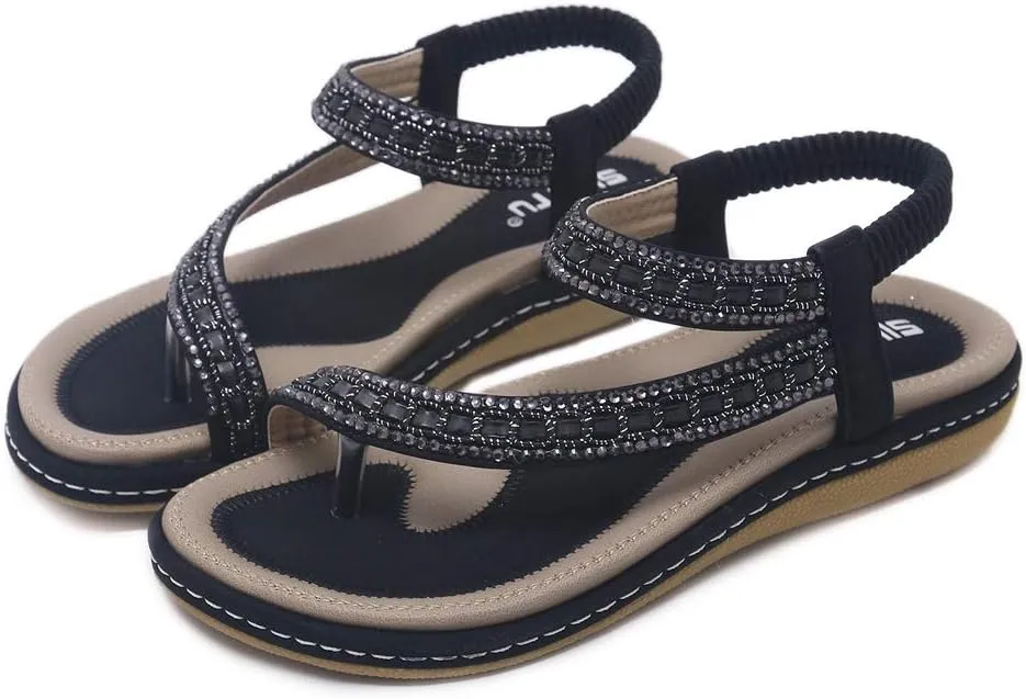 Women's Glitter Rhinestone Flat Sandals Bohemia Toering Summer Beach Elastic Flip Flops Thong Shoes