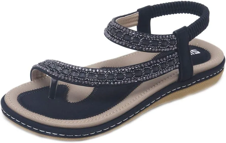 Women's Glitter Rhinestone Flat Sandals Bohemia Toering Summer Beach Elastic Flip Flops Thong Shoes