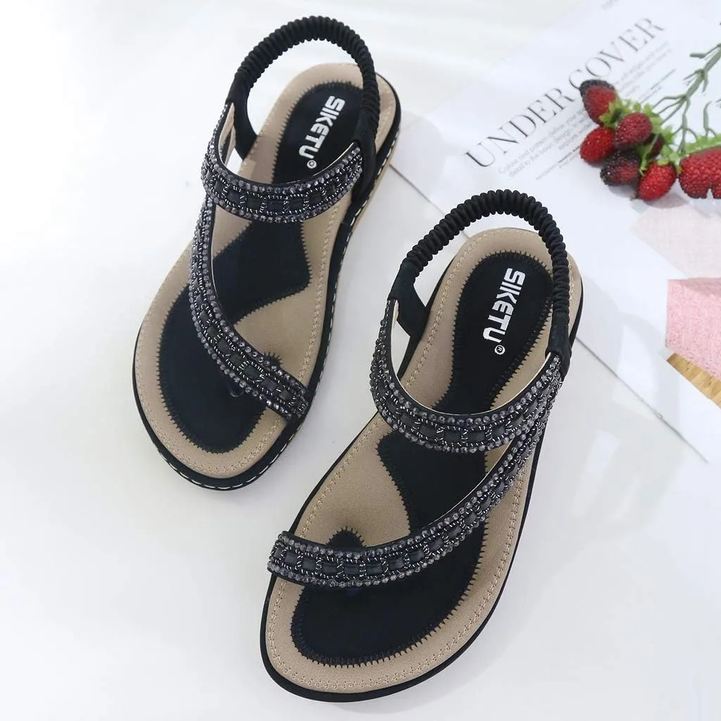 Women's Glitter Rhinestone Flat Sandals Bohemia Toering Summer Beach Elastic Flip Flops Thong Shoes