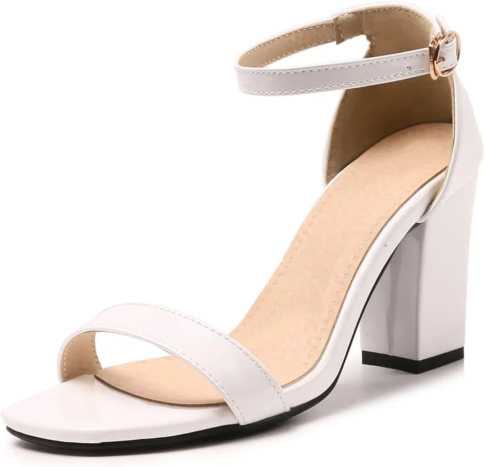 Women's JS45 Light Weight Peep Toe Block Patent-Leather Mid Block Heeled Sandals