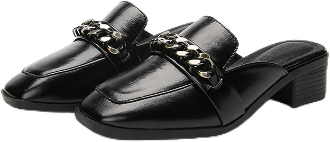 Women's Metal Chain Decor Flat Mules Square Toe Chunky Heel Slip-on Leather Backless Loafers Slides Chunky Heel Shoes