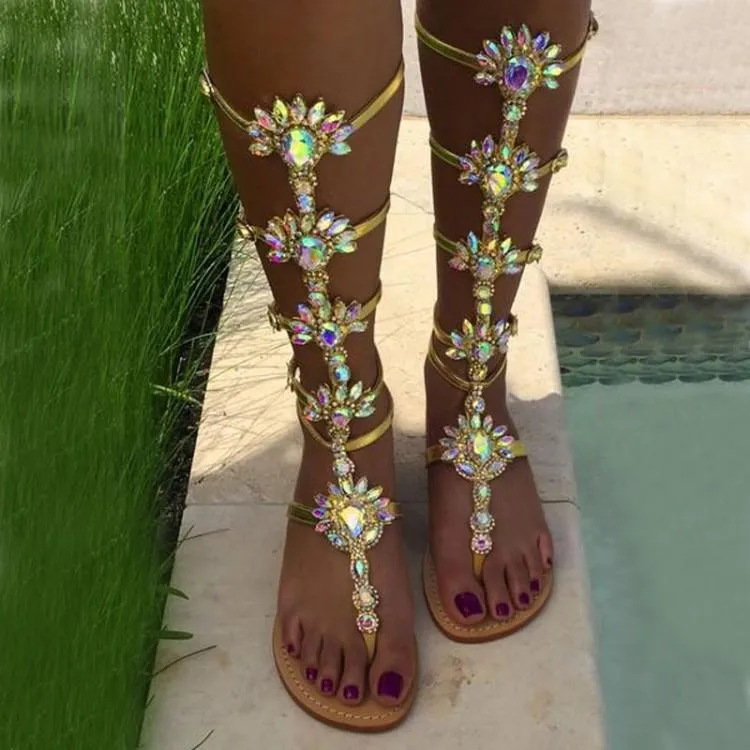Women's rhinestone crystal knee high gladiator sandals