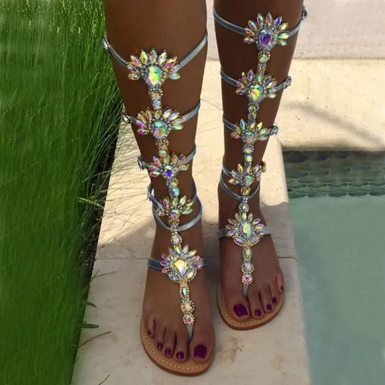 Women's rhinestone crystal knee high gladiator sandals