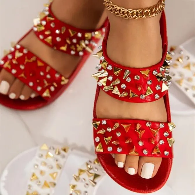 Women's studded 2 bands flat slide sandals